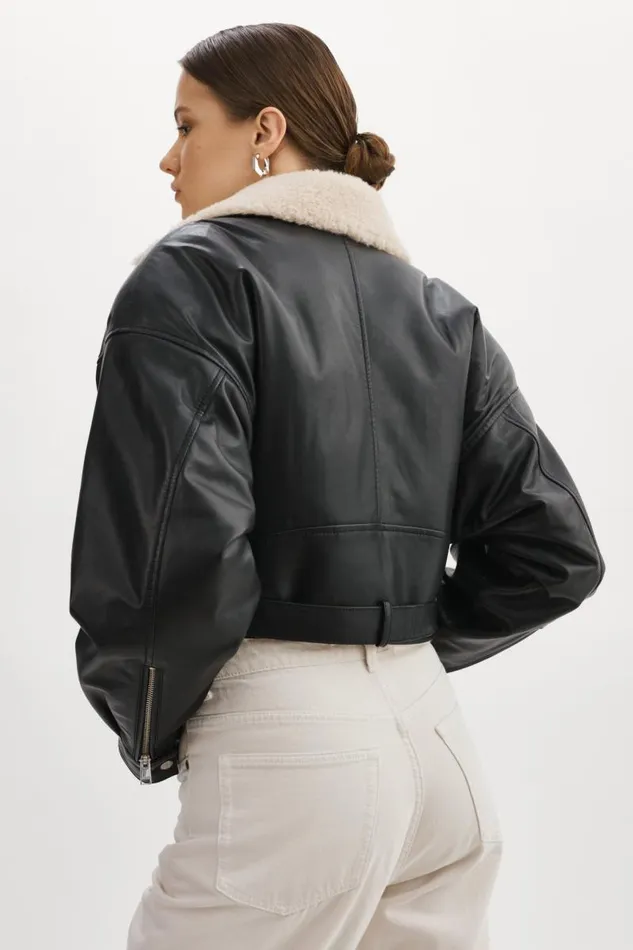 Women DYLAN 80039s Sherpa Leather Biker Jacket Blackecru LAMARQUE Leather Jackets