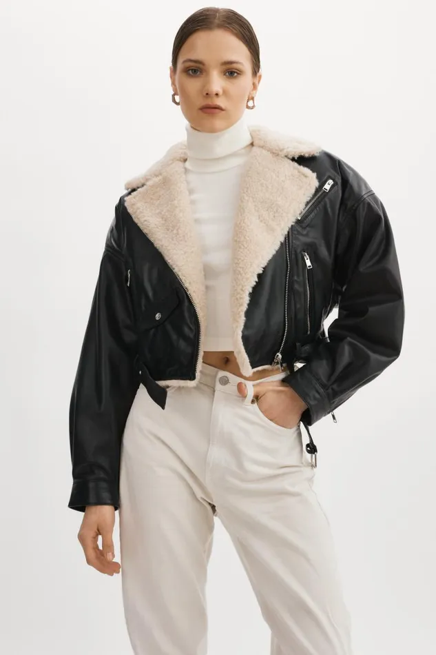 Women DYLAN 80039s Sherpa Leather Biker Jacket Blackecru LAMARQUE Leather Jackets