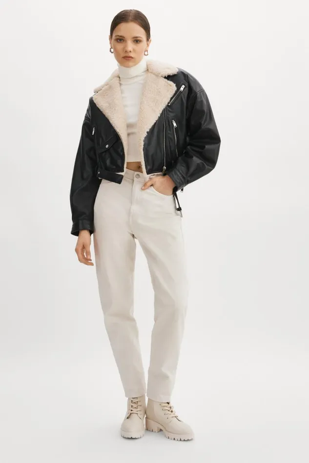 Women DYLAN 80039s Sherpa Leather Biker Jacket Blackecru LAMARQUE Leather Jackets
