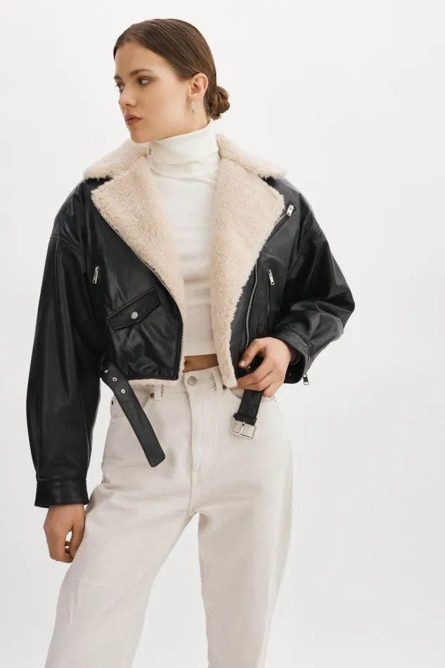 Women DYLAN 80039s Sherpa Leather Biker Jacket Blackecru LAMARQUE Leather Jackets