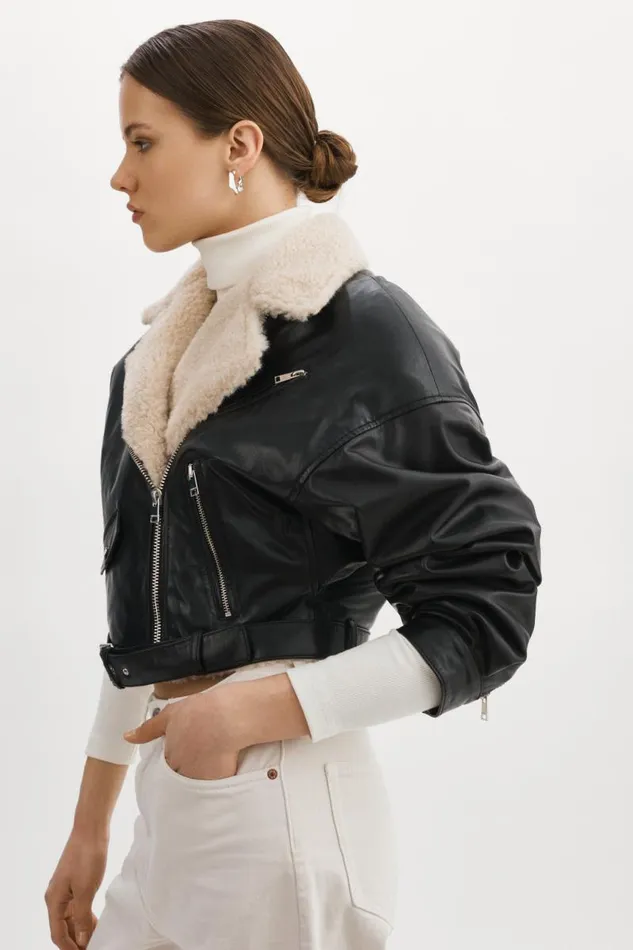 Women DYLAN 80039s Sherpa Leather Biker Jacket Blackecru LAMARQUE Leather Jackets