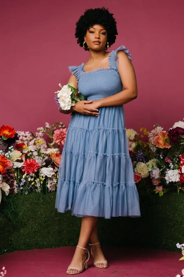 Women Emma Smocked Tulle Dress Slate Blue Baltic Born The Guest Edit
