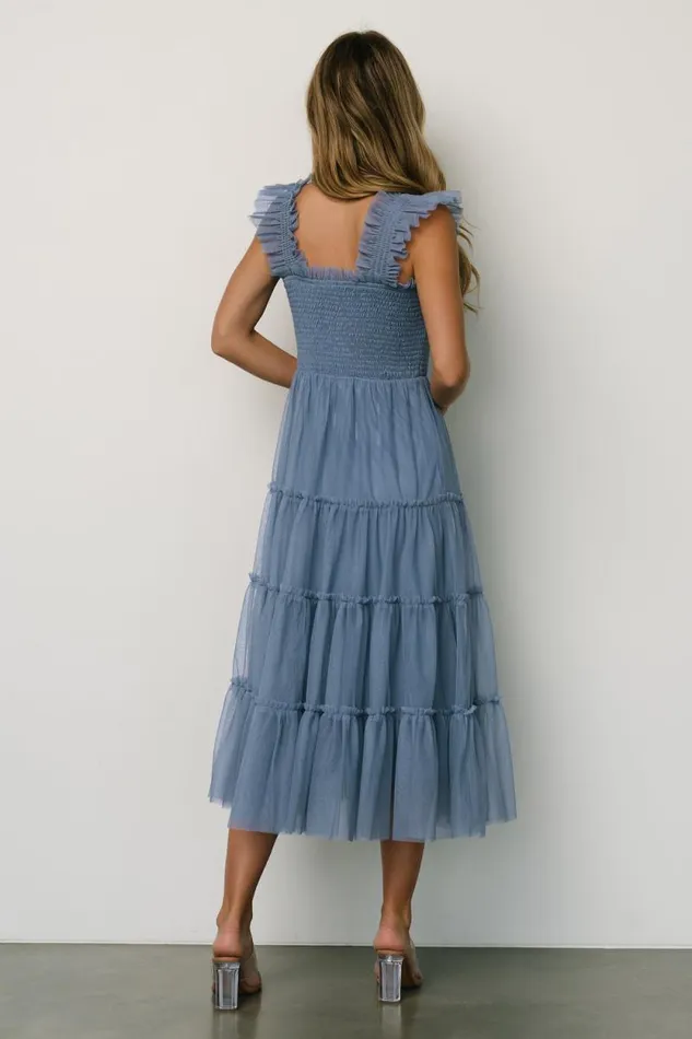 Women Emma Smocked Tulle Dress Slate Blue Baltic Born The Guest Edit
