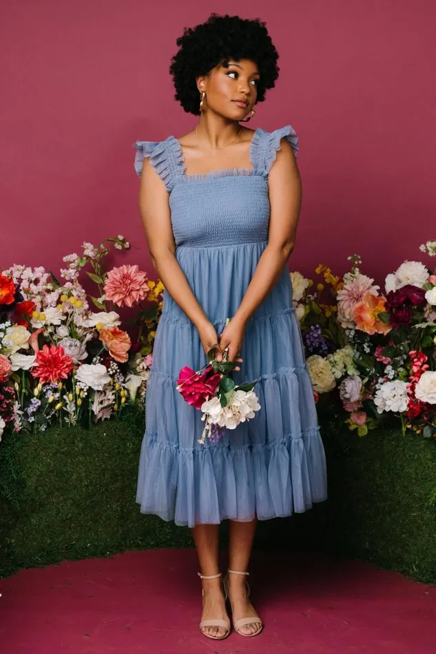Women Emma Smocked Tulle Dress Slate Blue Baltic Born The Guest Edit