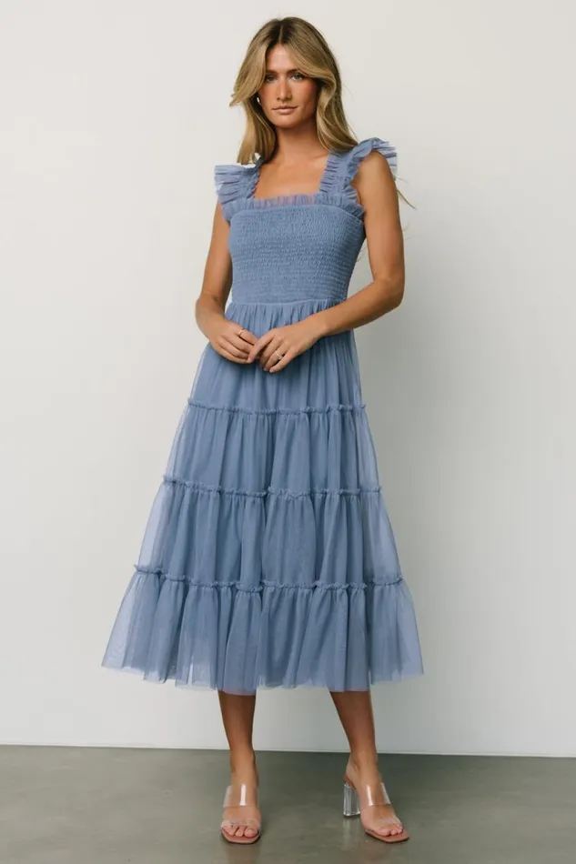 Women Emma Smocked Tulle Dress Slate Blue Baltic Born The Guest Edit
