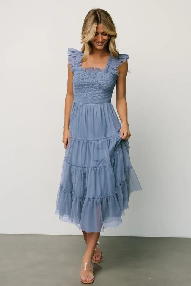 Women Emma Smocked Tulle Dress Slate Blue Baltic Born The Guest Edit