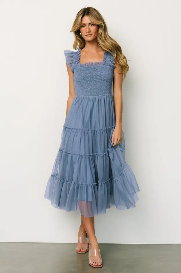 Women Emma Smocked Tulle Dress Slate Blue Baltic Born The Guest Edit