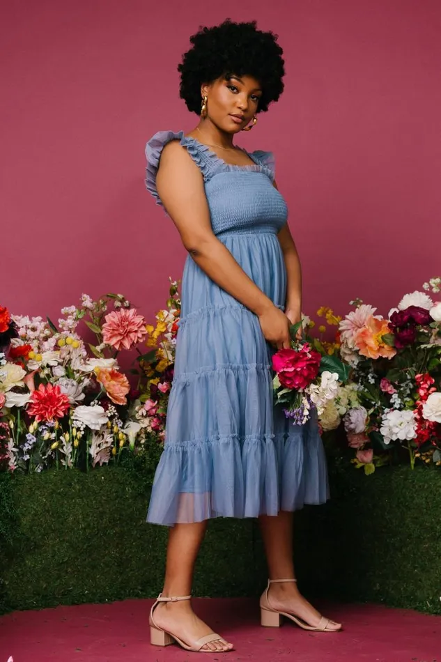 Women Emma Smocked Tulle Dress Slate Blue Baltic Born The Guest Edit