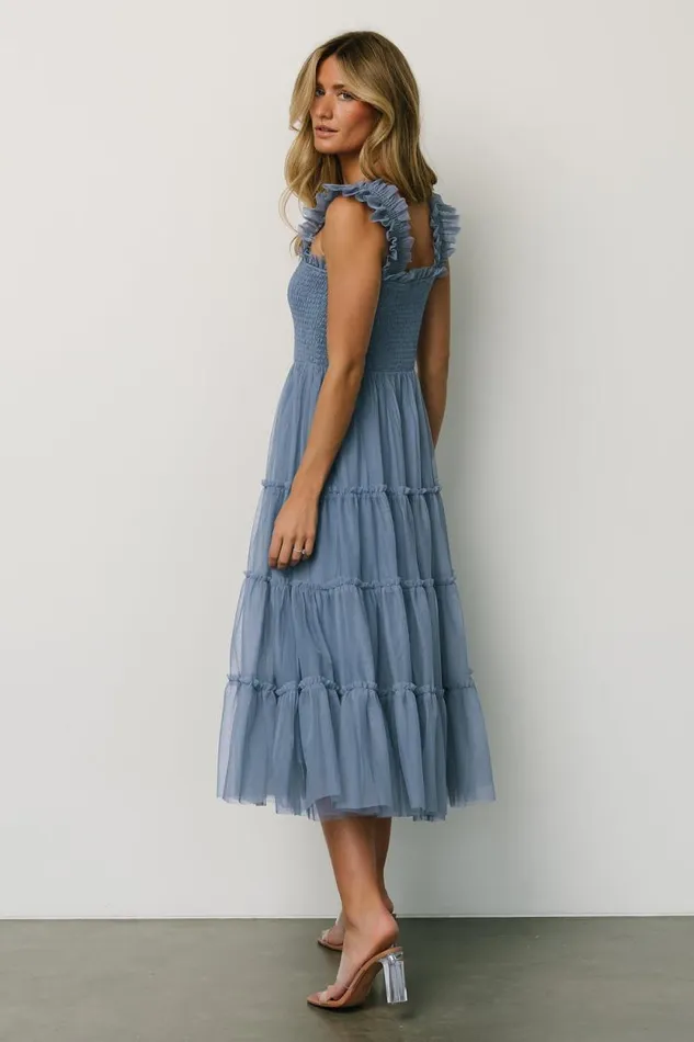 Women Emma Smocked Tulle Dress Slate Blue Baltic Born The Guest Edit