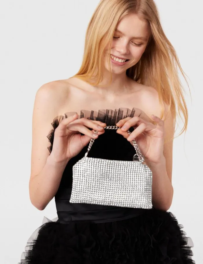 Women Falabella Crystal Mesh Shoulder Bag Metallic Silver Stella McCartney Mini Bags And Clutches