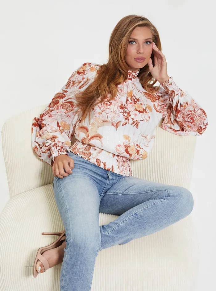 Women Fashion Tops GUESS White Forest Floral Monique Top Women Fashion Tops GUESS White Forest Floral Monique Top