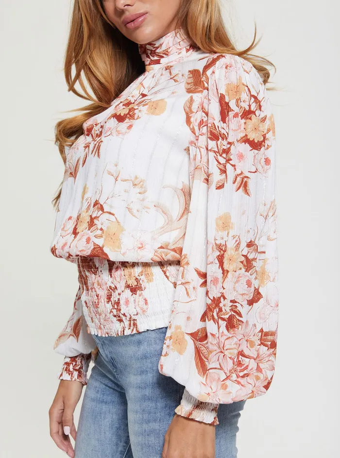 Women Fashion Tops GUESS White Forest Floral Monique Top Women Fashion Tops GUESS White Forest Floral Monique Top