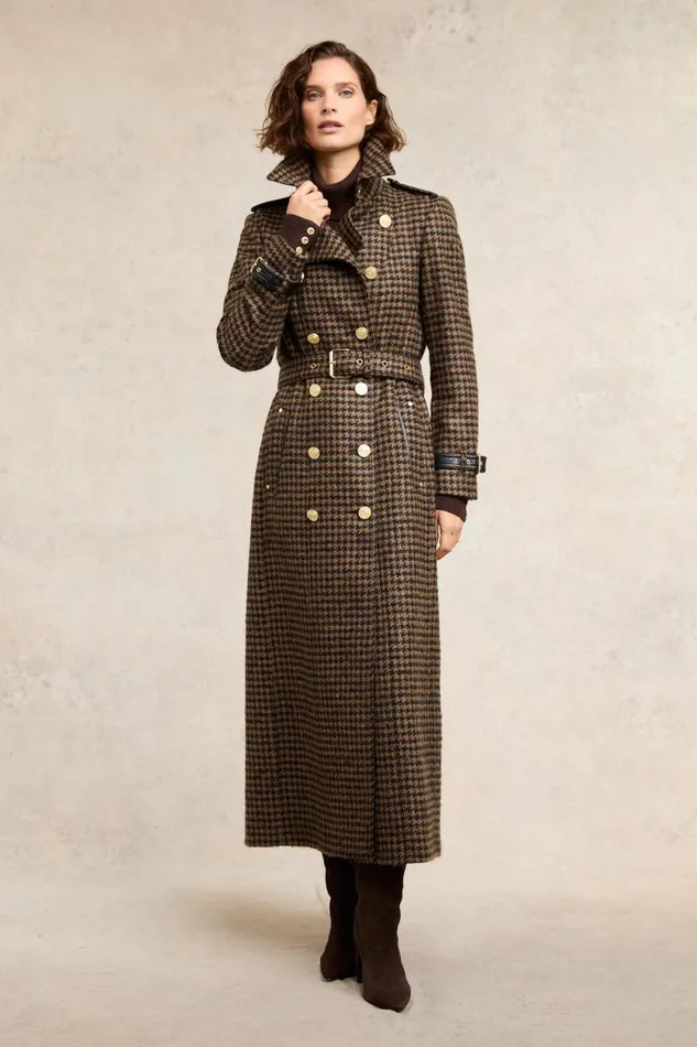 Women Full Length Marlborough Trench Coat Chocolate Houndstooth Holland Cooper Tailoring