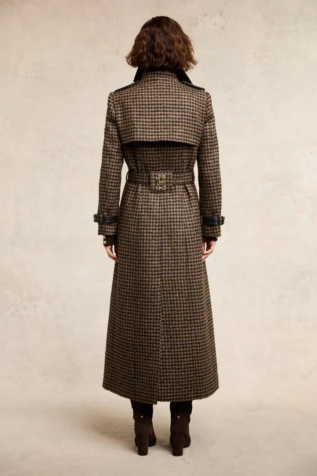 Women Full Length Marlborough Trench Coat Chocolate Houndstooth Holland Cooper Tailoring
