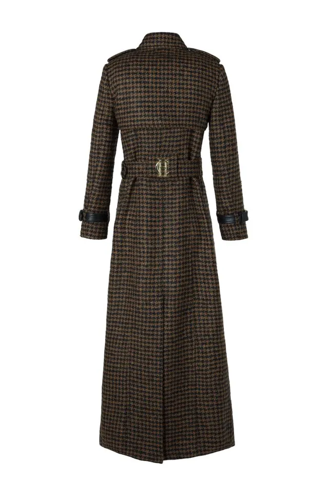 Women Full Length Marlborough Trench Coat Chocolate Houndstooth Holland Cooper Tailoring