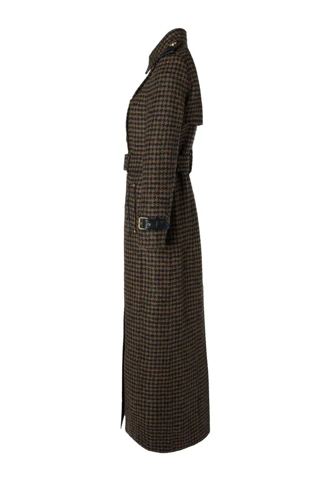 Women Full Length Marlborough Trench Coat Chocolate Houndstooth Holland Cooper Tailoring
