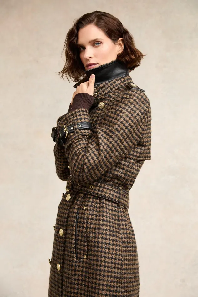 Women Full Length Marlborough Trench Coat Chocolate Houndstooth Holland Cooper Tailoring