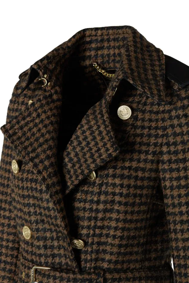 Women Full Length Marlborough Trench Coat Chocolate Houndstooth Holland Cooper Tailoring