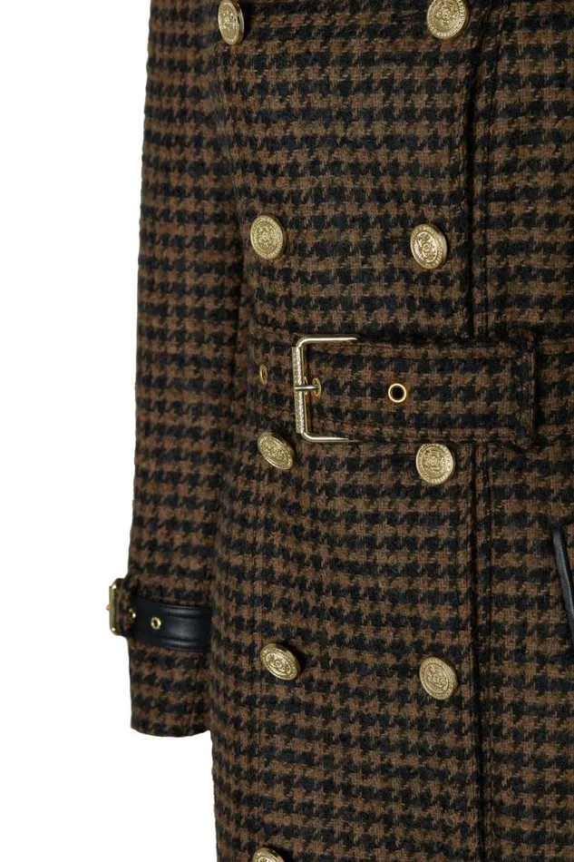 Women Full Length Marlborough Trench Coat Chocolate Houndstooth Holland Cooper Tailoring