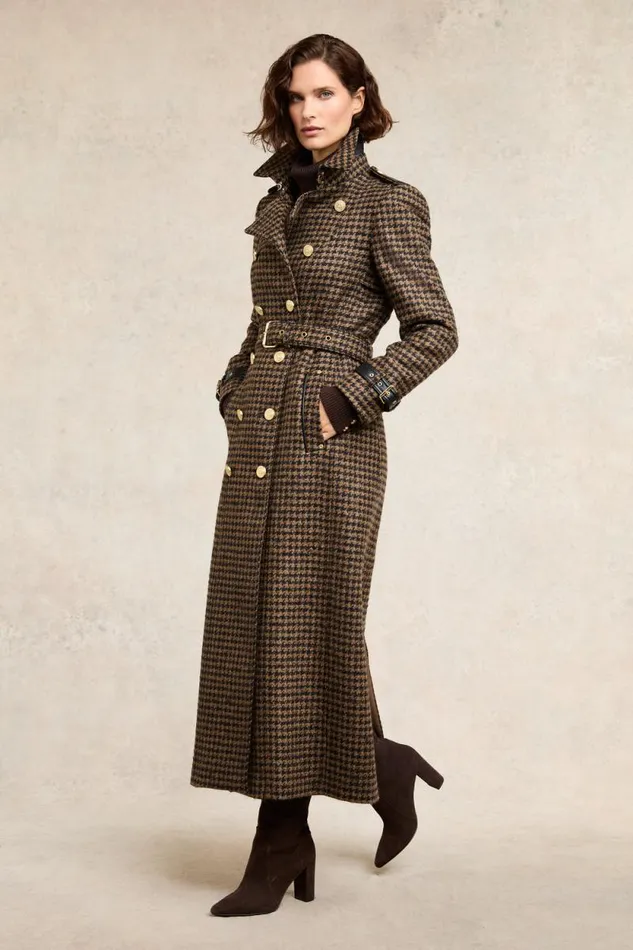 Women Full Length Marlborough Trench Coat Chocolate Houndstooth Holland Cooper Tailoring