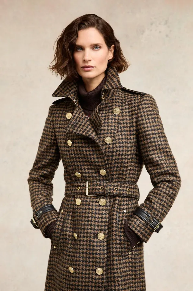 Women Full Length Marlborough Trench Coat Chocolate Houndstooth Holland Cooper Tailoring