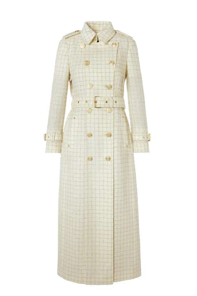Women Full Length Marlborough Trench Coat Ivory Sparkle Tweed Holland Cooper Coats