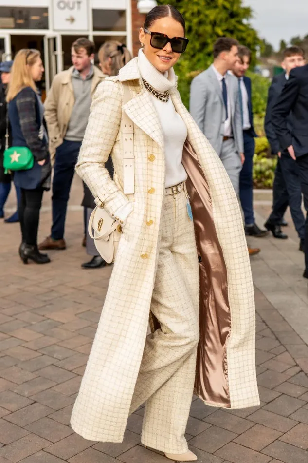 Women Full Length Marlborough Trench Coat Ivory Sparkle Tweed Holland Cooper Coats
