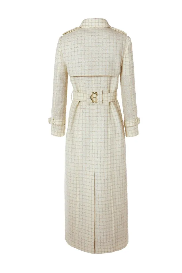 Women Full Length Marlborough Trench Coat Ivory Sparkle Tweed Holland Cooper Coats