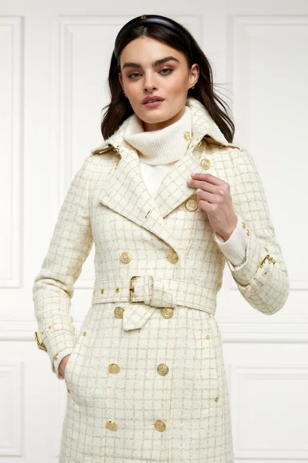 Women Full Length Marlborough Trench Coat Ivory Sparkle Tweed Holland Cooper Coats