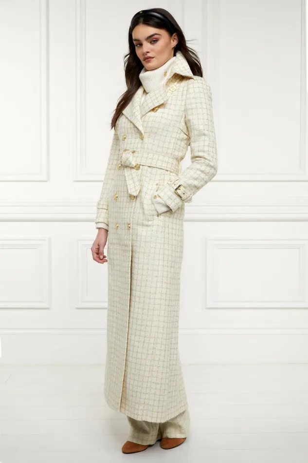 Women Full Length Marlborough Trench Coat Ivory Sparkle Tweed Holland Cooper Coats
