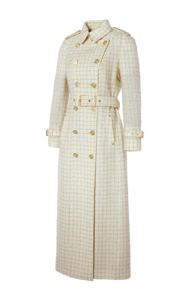 Women Full Length Marlborough Trench Coat Ivory Sparkle Tweed Holland Cooper Coats