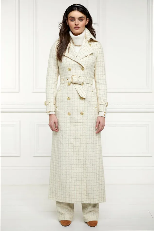Women Full Length Marlborough Trench Coat Ivory Sparkle Tweed Holland Cooper Coats