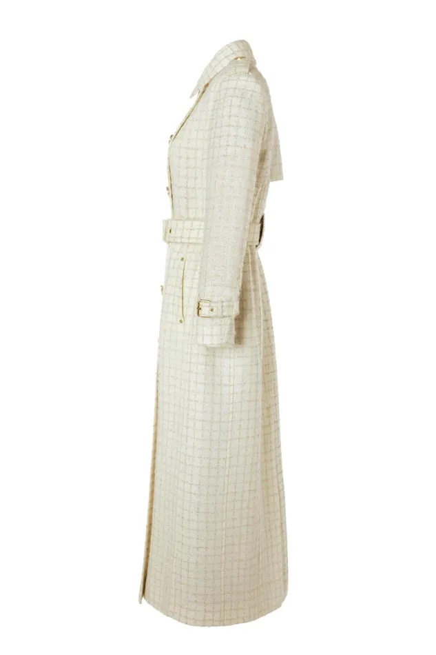 Women Full Length Marlborough Trench Coat Ivory Sparkle Tweed Holland Cooper Coats