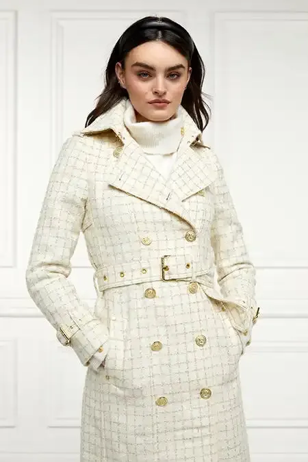 Women Full Length Marlborough Trench Coat Ivory Sparkle Tweed Holland Cooper Coats