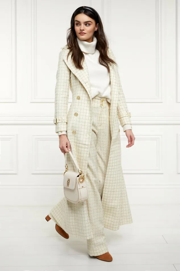 Women Full Length Marlborough Trench Coat Ivory Sparkle Tweed Holland Cooper Coats