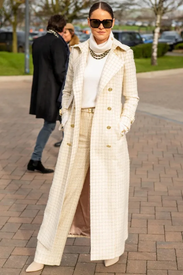 Women Full Length Marlborough Trench Coat Ivory Sparkle Tweed Holland Cooper Coats