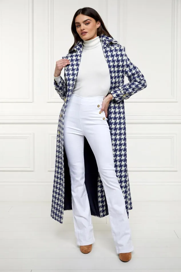 Women Full Length Marlborough Trench Coat Large Scale Navy Houndstooth Holland Cooper Coats