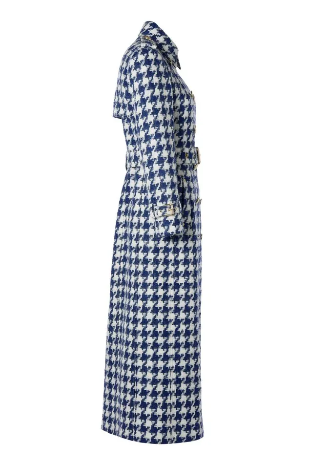 Women Full Length Marlborough Trench Coat Large Scale Navy Houndstooth Holland Cooper Coats