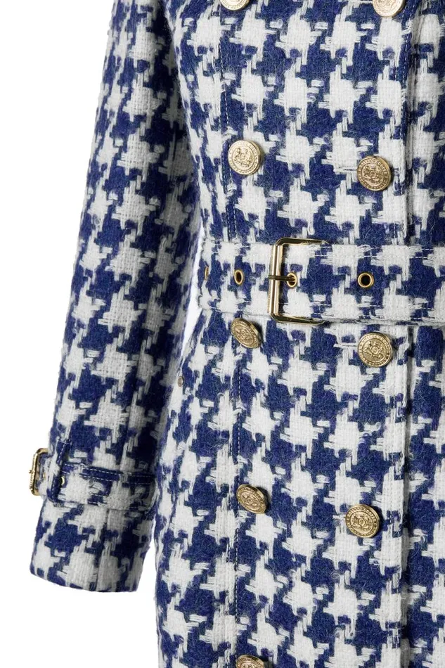Women Full Length Marlborough Trench Coat Large Scale Navy Houndstooth Holland Cooper Coats