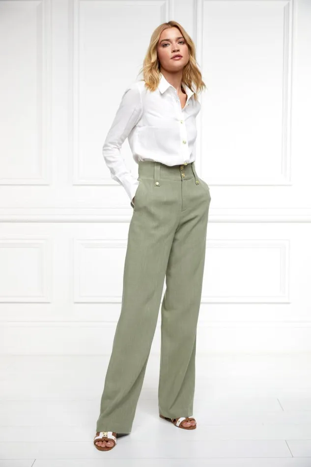 Women High Waisted Straight Trouser Sage Linen Holland Cooper Trousers