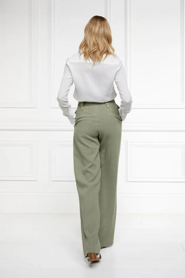 Women High Waisted Straight Trouser Sage Linen Holland Cooper Trousers
