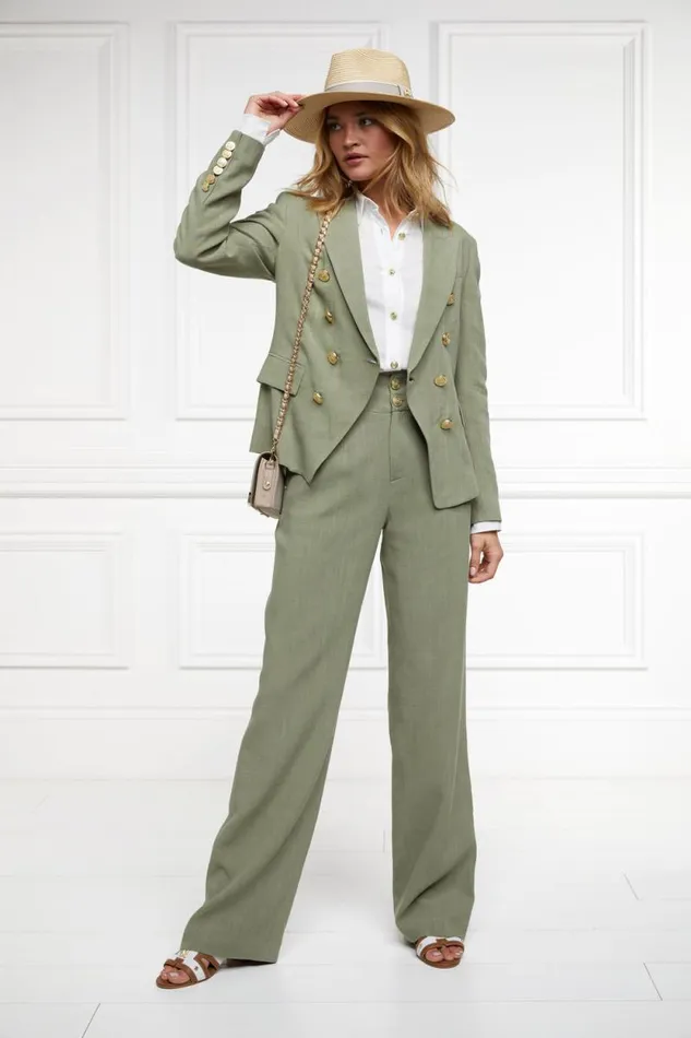 Women High Waisted Straight Trouser Sage Linen Holland Cooper Trousers