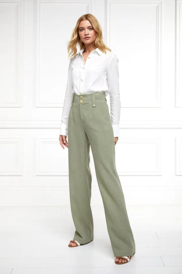 Women High Waisted Straight Trouser Sage Linen Holland Cooper Trousers