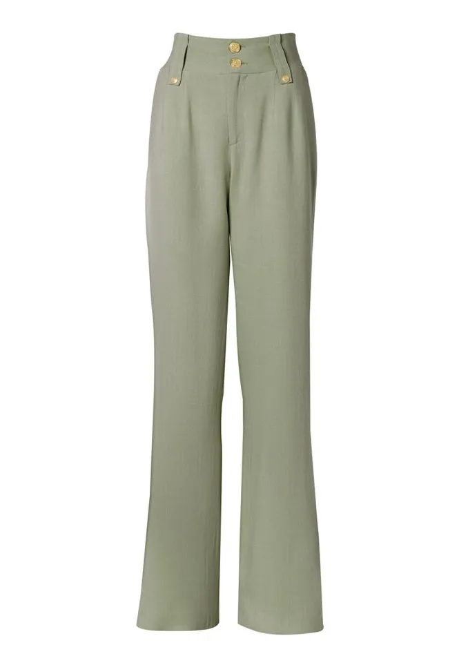 Women High Waisted Straight Trouser Sage Linen Holland Cooper Trousers
