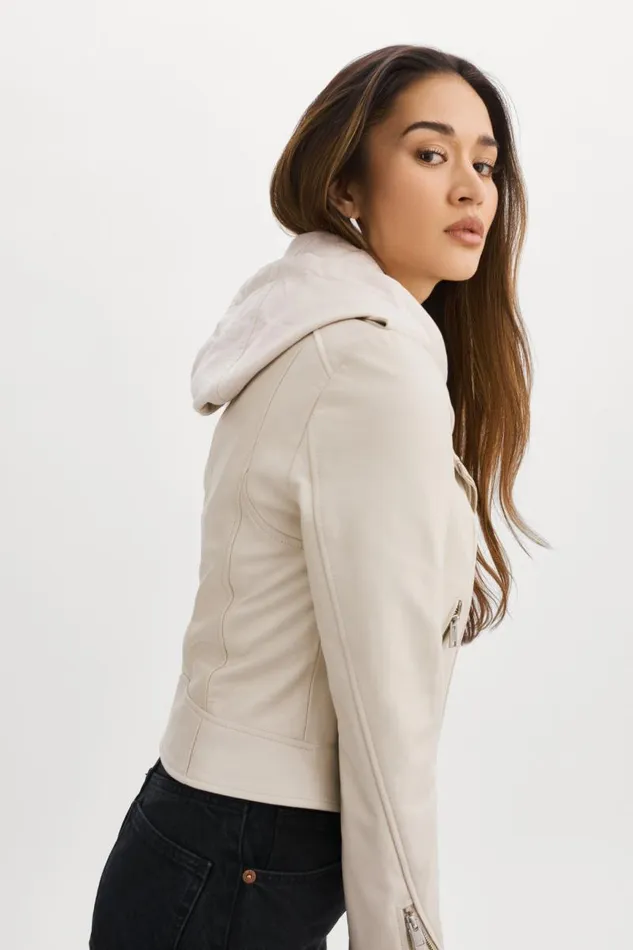 Women HOLY Leather Biker Jacket With Removable Hood Bone LAMARQUE Leather Jackets Women HOLY Leather Biker Jacket With Removable Hood Bone LAMARQUE Leather Jackets
