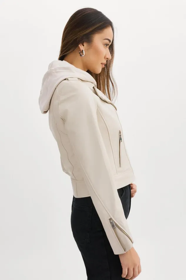 Women HOLY Leather Biker Jacket With Removable Hood Bone LAMARQUE Leather Jackets Women HOLY Leather Biker Jacket With Removable Hood Bone LAMARQUE Leather Jackets