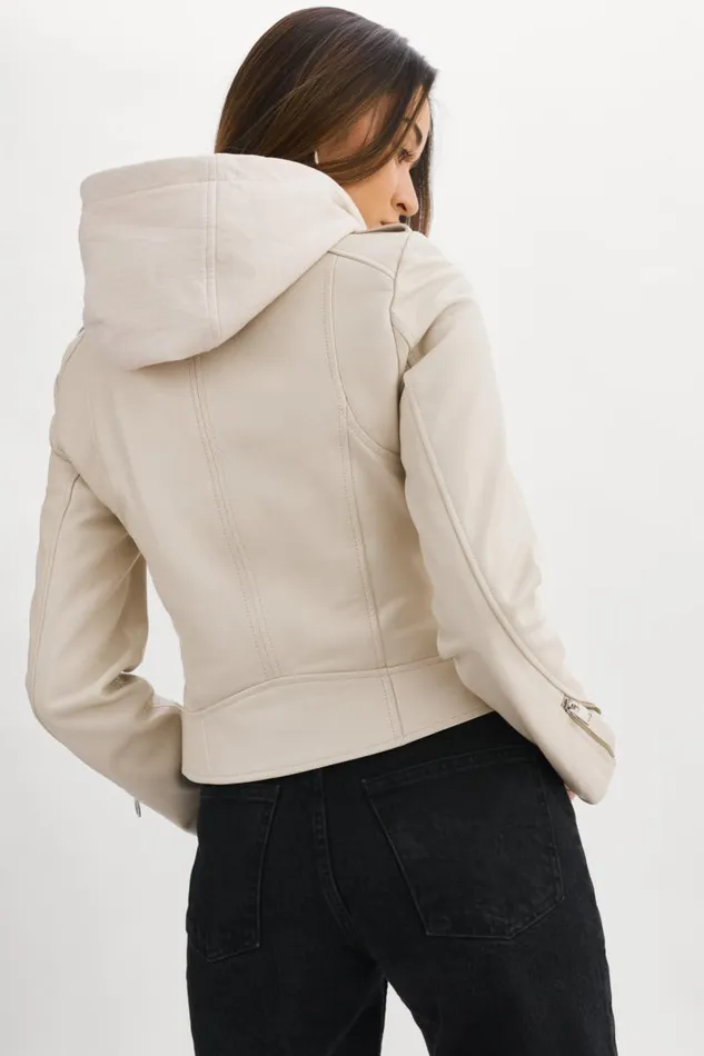 Women HOLY Leather Biker Jacket With Removable Hood Bone LAMARQUE Leather Jackets Women HOLY Leather Biker Jacket With Removable Hood Bone LAMARQUE Leather Jackets