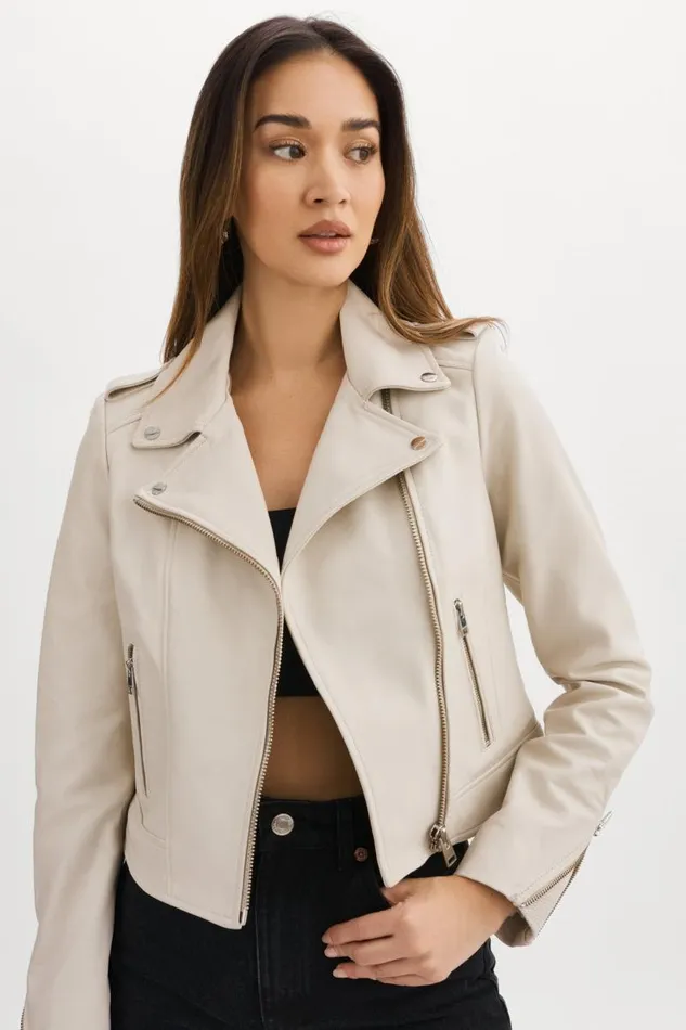 Women HOLY Leather Biker Jacket With Removable Hood Bone LAMARQUE Leather Jackets Women HOLY Leather Biker Jacket With Removable Hood Bone LAMARQUE Leather Jackets