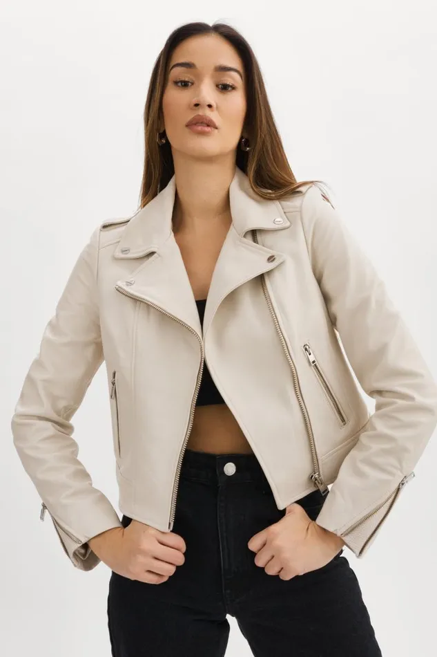 Women HOLY Leather Biker Jacket With Removable Hood Bone LAMARQUE Leather Jackets Women HOLY Leather Biker Jacket With Removable Hood Bone LAMARQUE Leather Jackets