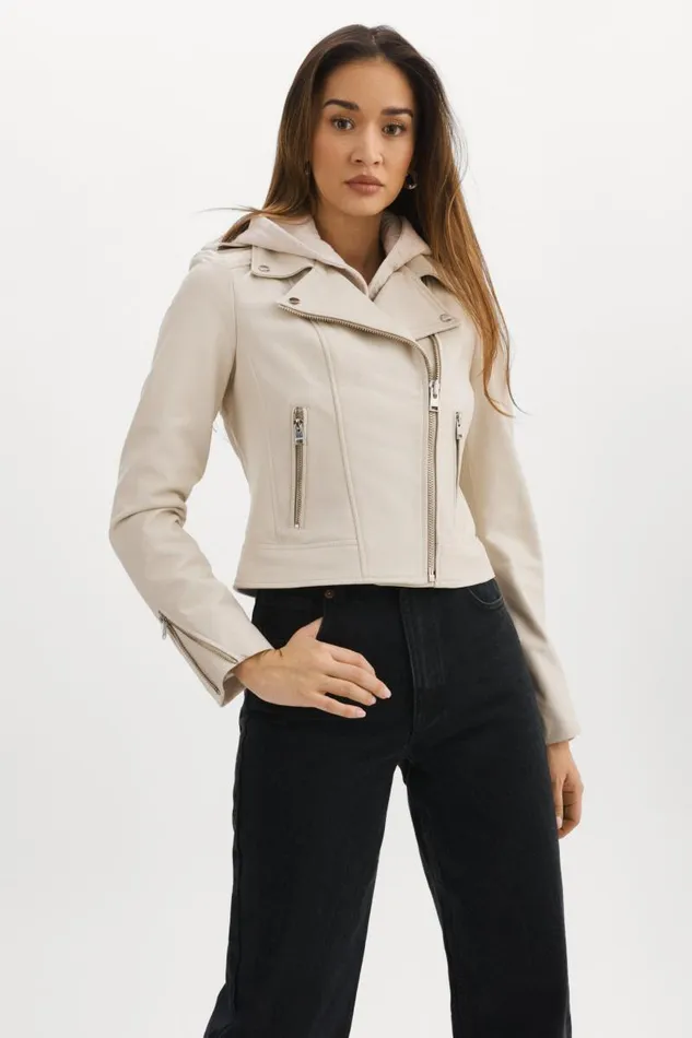 Women HOLY Leather Biker Jacket With Removable Hood Bone LAMARQUE Leather Jackets Women HOLY Leather Biker Jacket With Removable Hood Bone LAMARQUE Leather Jackets